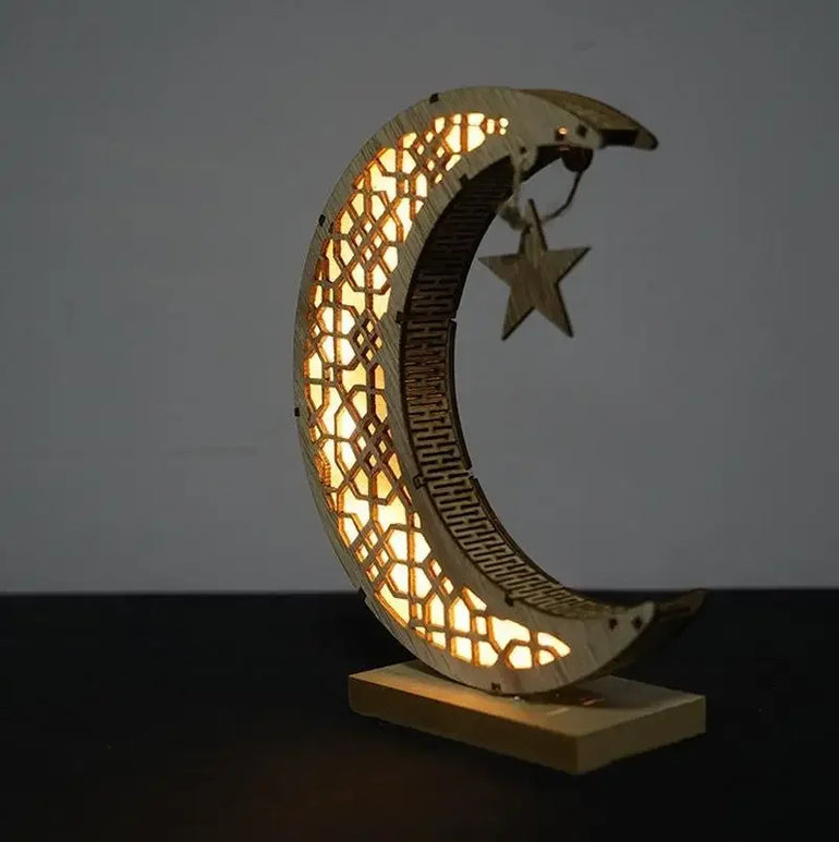 Eid Mubarak Plaque Moon Ornament Muslim Handicraft Decoration Ramadan Gift Luminous Wooden Gift Pattern Custom Display Crafts