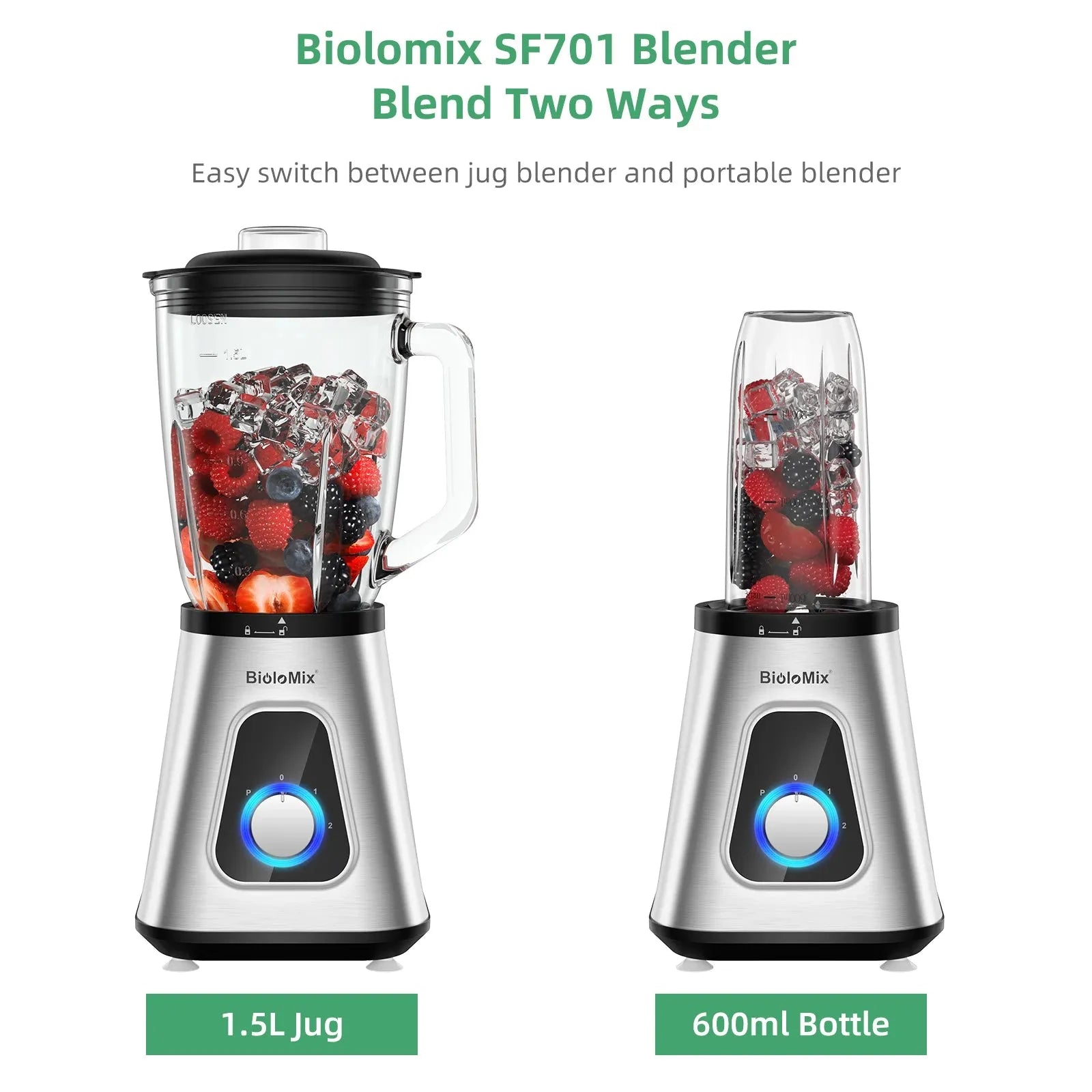 BioloMix 1300W Smoothie Blender with 1.5L Glass Jar, Personal Blenders Combo for Frozen Fruit Drinks,  Sauces