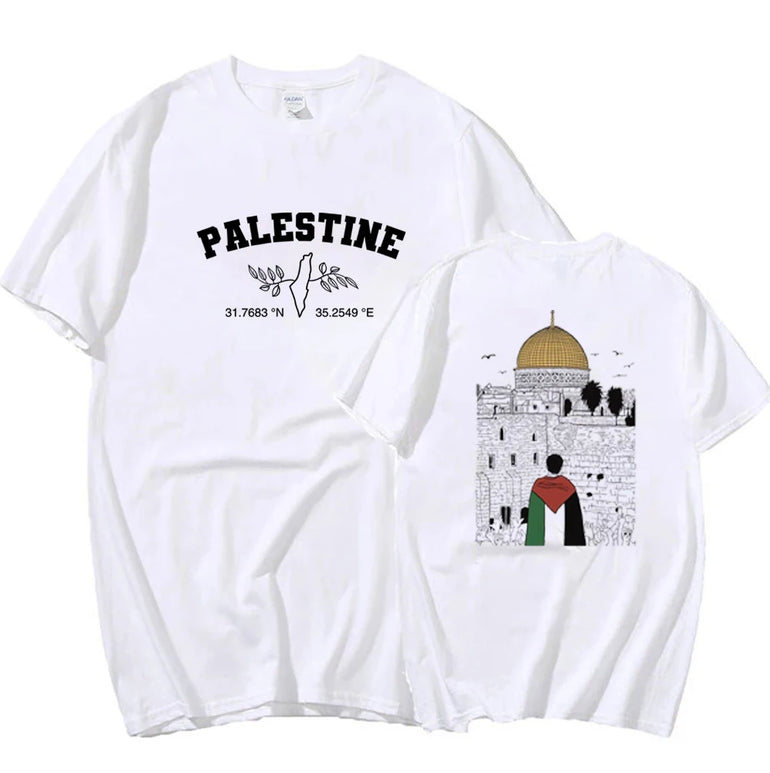 Palestine Map Harajuku Print T-Shirt Palestine Al Aqsa Mosque T-Shirt Palestine Flag Jerusalem Co-ordinates top Human Rights Tee