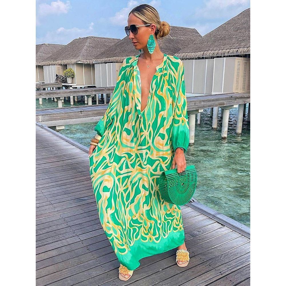 Women Boho Print Beach Cover Up 2023 Summer Sexy Deep V-Neck Long Sleeve Long Dresses Female Vintage Maxi Dresses Elegant Robe