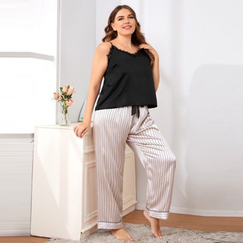 Two Pieces Sleep Set Women Pajamas Stripe Satin Strap Sling&Pants Suit With Bow V-Neck Summer Nightgown Loungewear - Jointcorp