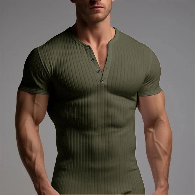 Casual Ribbed Solid Color Mens T-shirts Leisure O Neck Button Short Sleeve T Shirt Summer Men Sports Fashion Plain Tee Pullovers