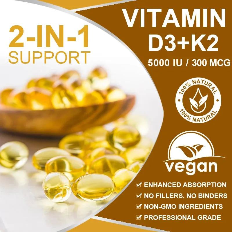 Vitamin D3+K2 5000 IU 300 MCG Vitamins Capsules | Non-GMO, Vegan, Nutural, Gluten-free | Health Supplement