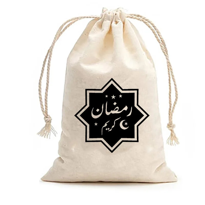 12PCS Eid Mubarak Candy Bag Star Moon Canvas Pocket Arabic Islam Muslim Party Gift Bag Ramadan Decoration For Home 4x6 inch