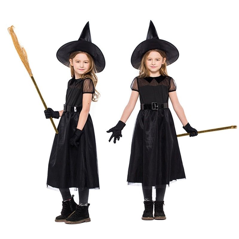 Cute Witch Costume for Kids Girls Pretty Black Fly Witch Costume Halloween Carnival Party Funny Cosplay Uniform