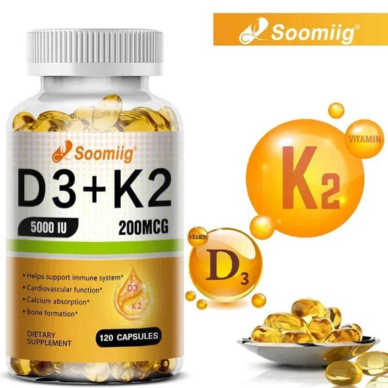 Vitamin D3 5000IU and 200 Mcg Vitamin K2 (MK-7) Capsules for Calcium Absorption, Bone Regeneration, Immune Support, Easy To Melt