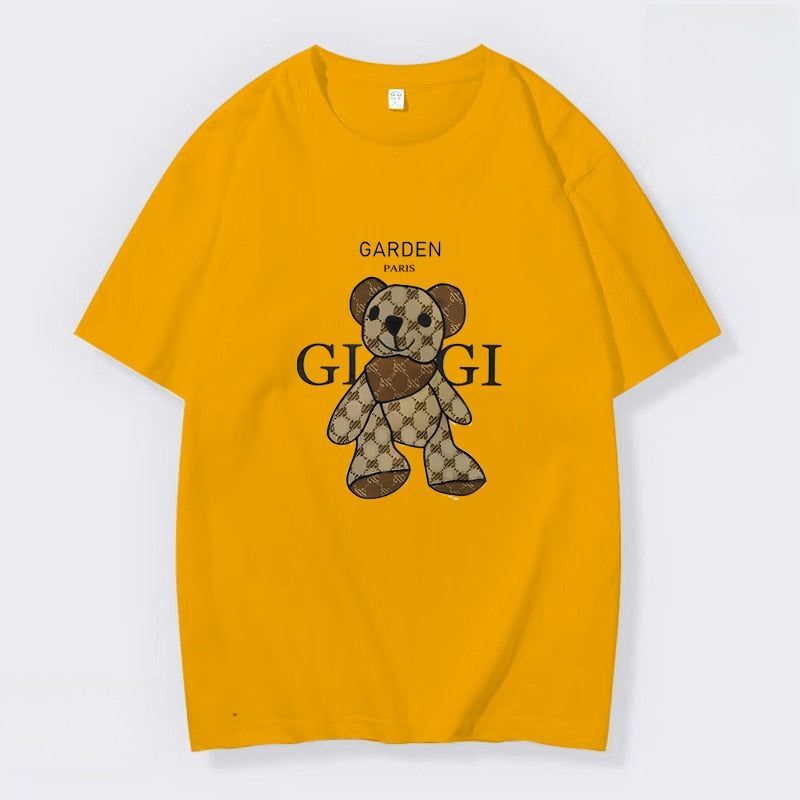 Summer Men's Little Bear Printed T-shirt 100% Cotton T-shirt Men's and Women's Casual Street Round Neck Large Top