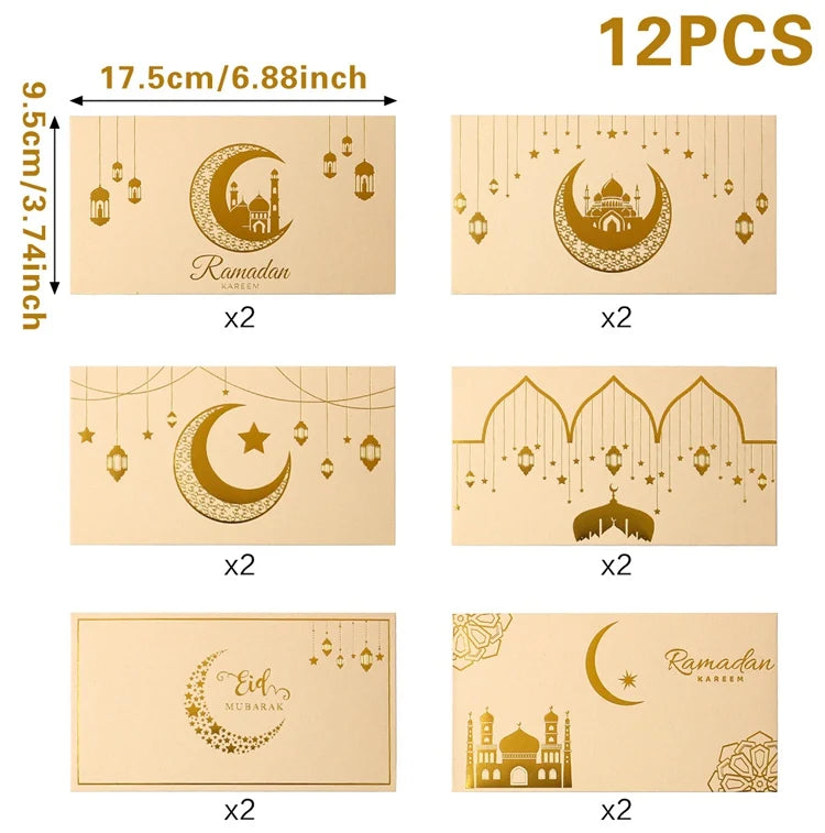 12Pcs Eid Mubarak Money Envelopes Gift Card Holder Ramadan Mubarak Decor 2025 Islamic Muslim Eid Al-fitr Invitation Supplies