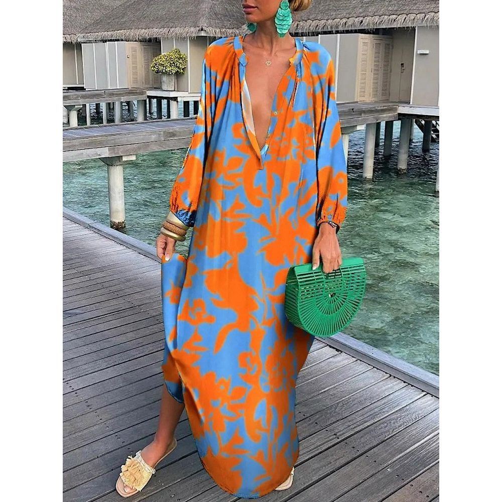 Women Boho Print Beach Cover Up 2023 Summer Sexy Deep V-Neck Long Sleeve Long Dresses Female Vintage Maxi Dresses Elegant Robe - Jointcorp