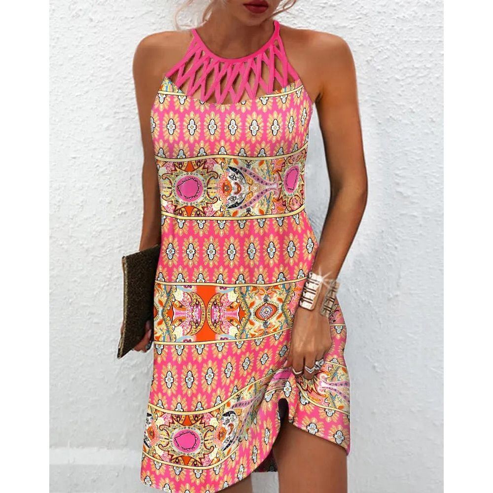 Women's dresses 2022 summer new Casual Sleeveless Vintage Tribal Print Cutout Daily Dress