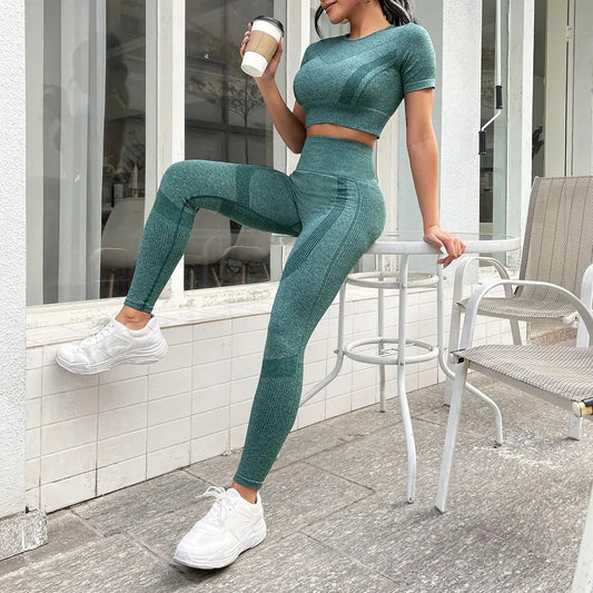 2pcs Workout Yoga Sets, Short Sleeve Cropped Top & High Waist Running Leggings, Women's Activewear