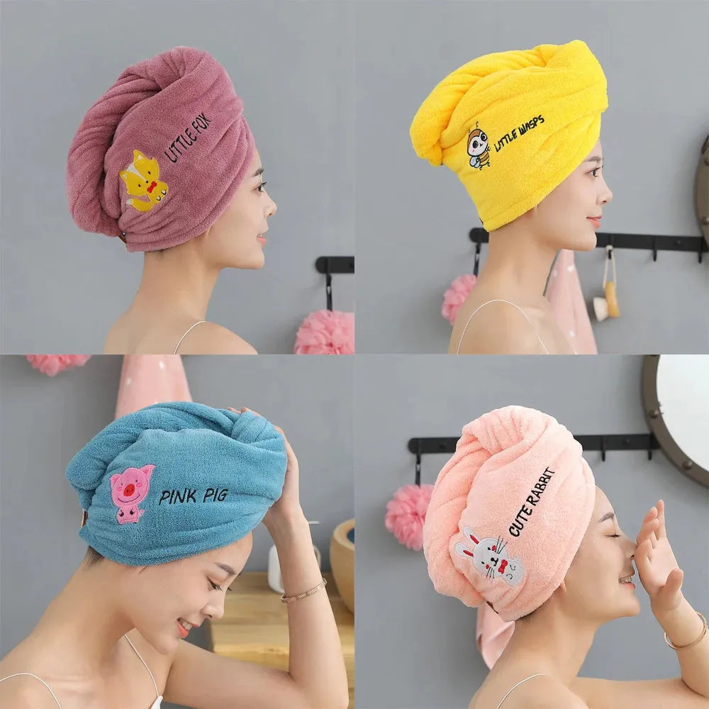 Cute Animal Embroidery Absorbent Shower Cap Coral Fleece Hair Drying Cap Towel Women Thicken Quick-Dry Turban Bathroom