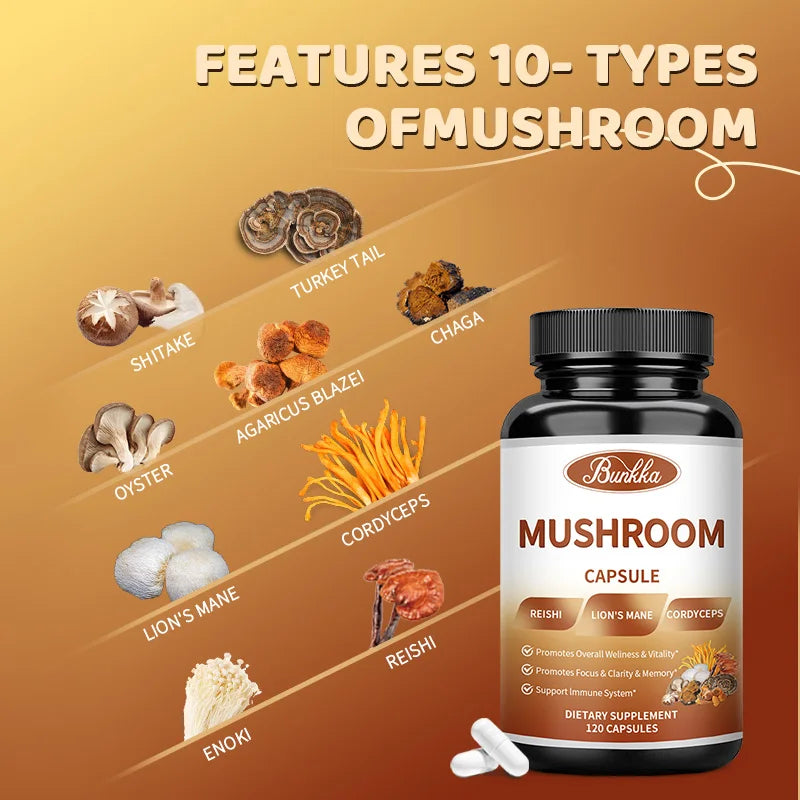 Original Mushroom Complex Capsules with Lions Mane Chaga Cognitive Brain Function Stress Relieves Beauty Health Diet Supplement