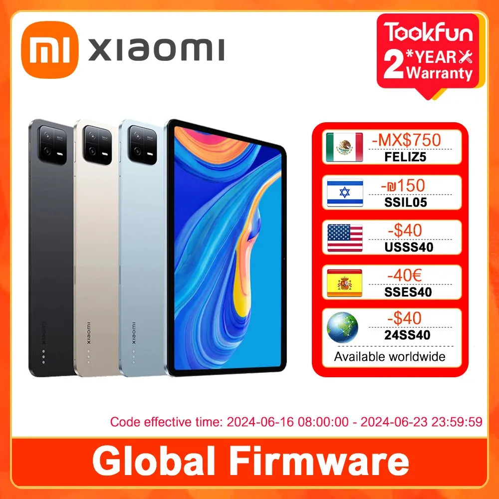 Global Firmware Xiaomi Mi Pad 6 Pro Tablet 11-Inch 2.8K Ultra HD Screen Dolby MIUI Pad 14 Android Google Play 8600 mAh Battery