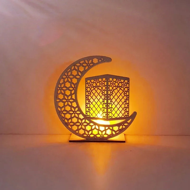 EID Mubarak Wooden Ornament Moon LED Candle Light Ramadan Decoration for Home Islamic Muslim Party Decoration Kareem Eid Al Adha