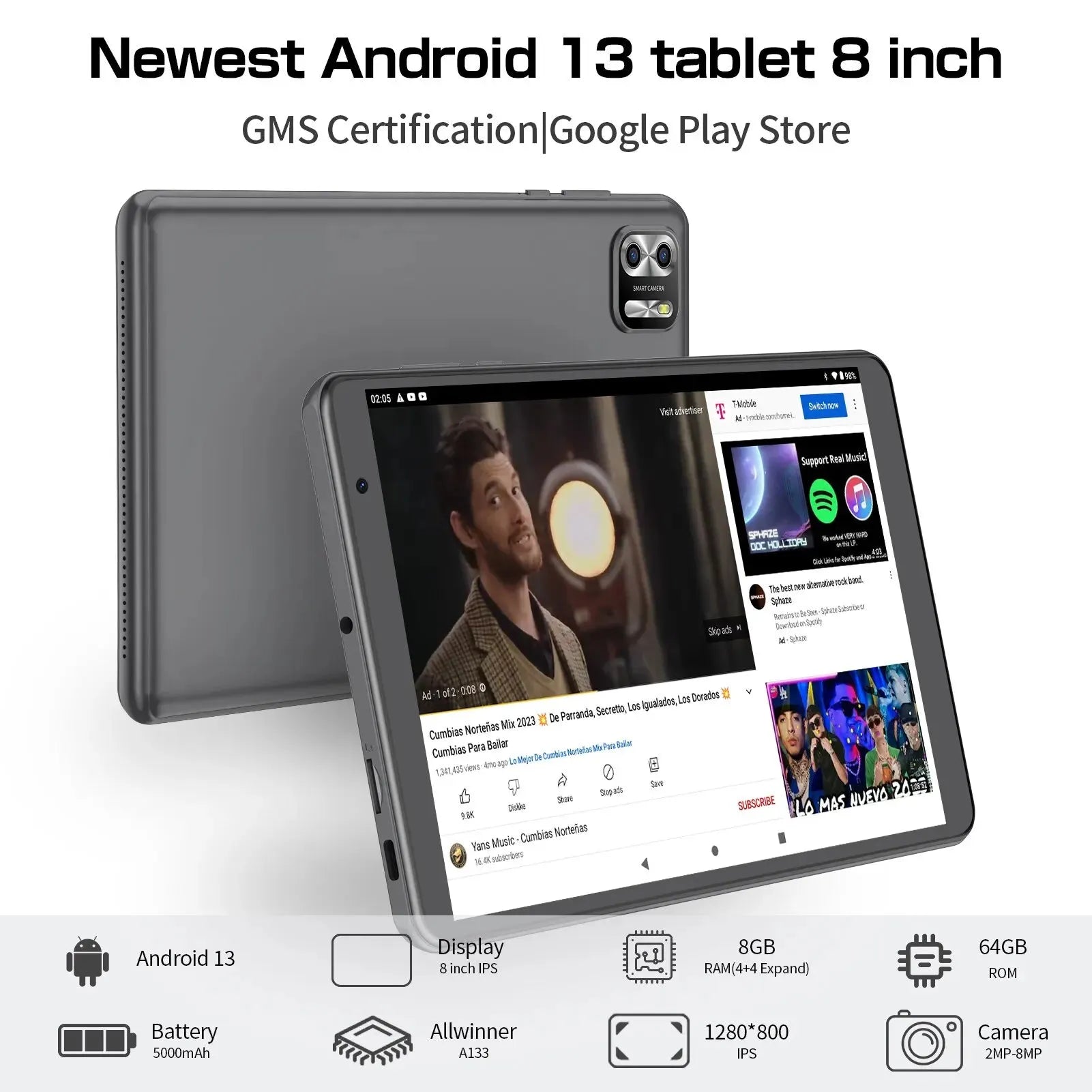 PRITOM 8 Inch Tablet Android 13, 8GB(4+4 Expand) RAM 64GB ROM,1TB Expand,1280x800 IPS Screen 5000MAH Battery,Dual Camera, WiFi