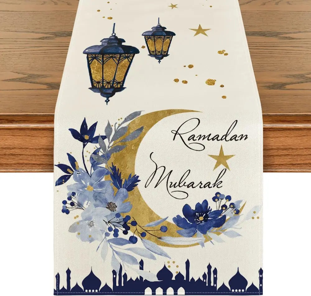 Ramadan Castle Lantern Flower Linen Table Runner Party Decor Ramadan Eid Kitchen Dining Table Runners Dresser Scarf Table Decor