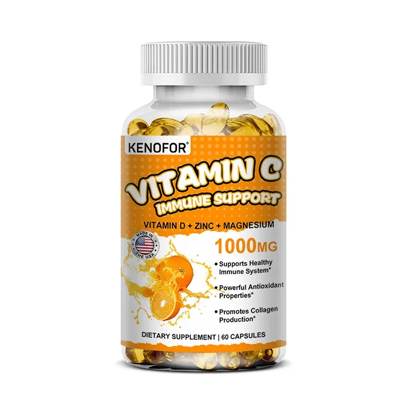 Vitamin C with Vitamin D, Zinc and Magnesium 1000мG Adult Daily Immune Supplement - Promotes Collagen Production and Skin Health