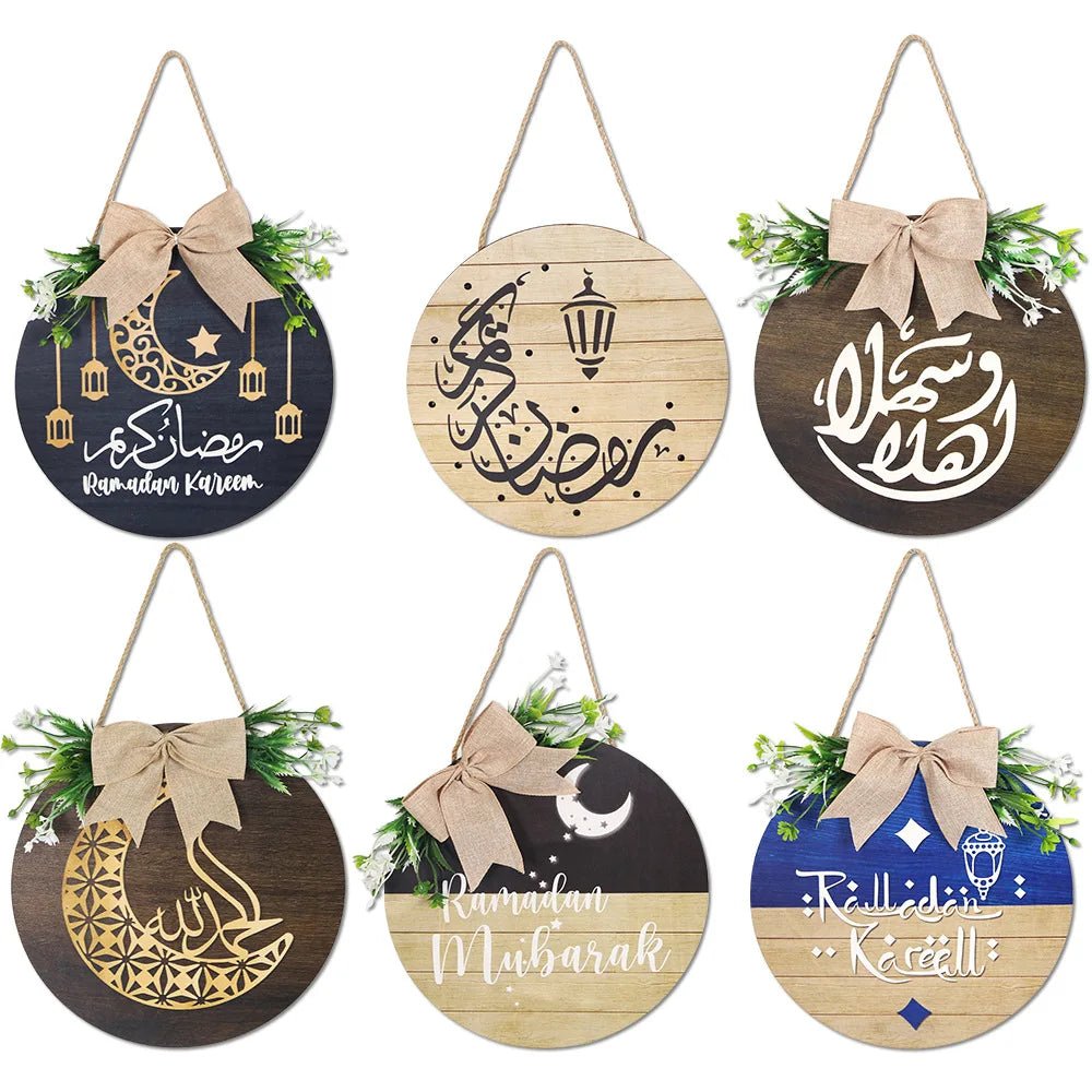 Ramadan Mubarak Door Wreath Round Wooden Hanging Sign Decor for Ramadan Kareem Decor Eid Mubarak Islamic Party Supplies