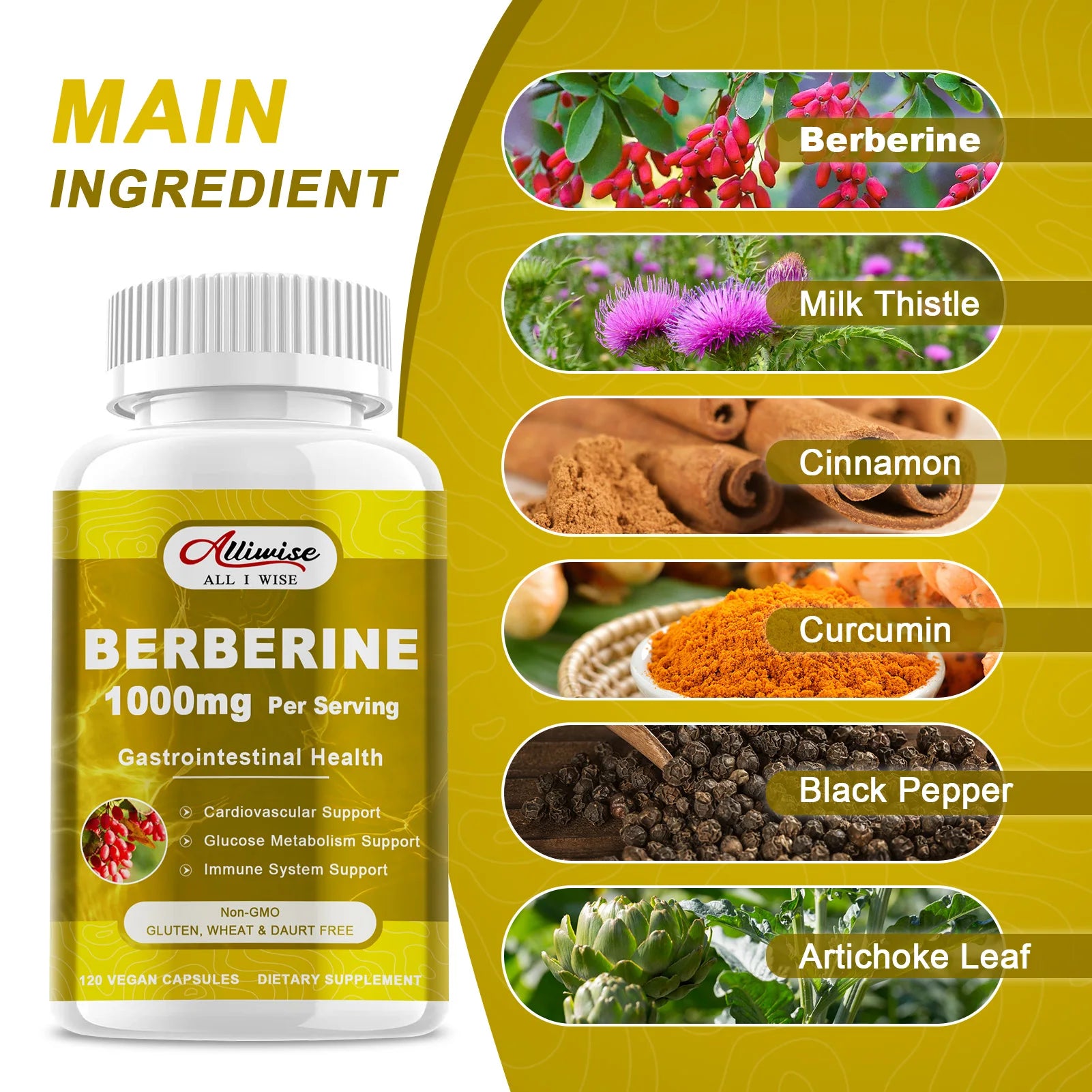 Alliwise Premium Berberine Supplement Capsules Supports Immune System, CardiovascularHeart & Gastrointestinal Wellness