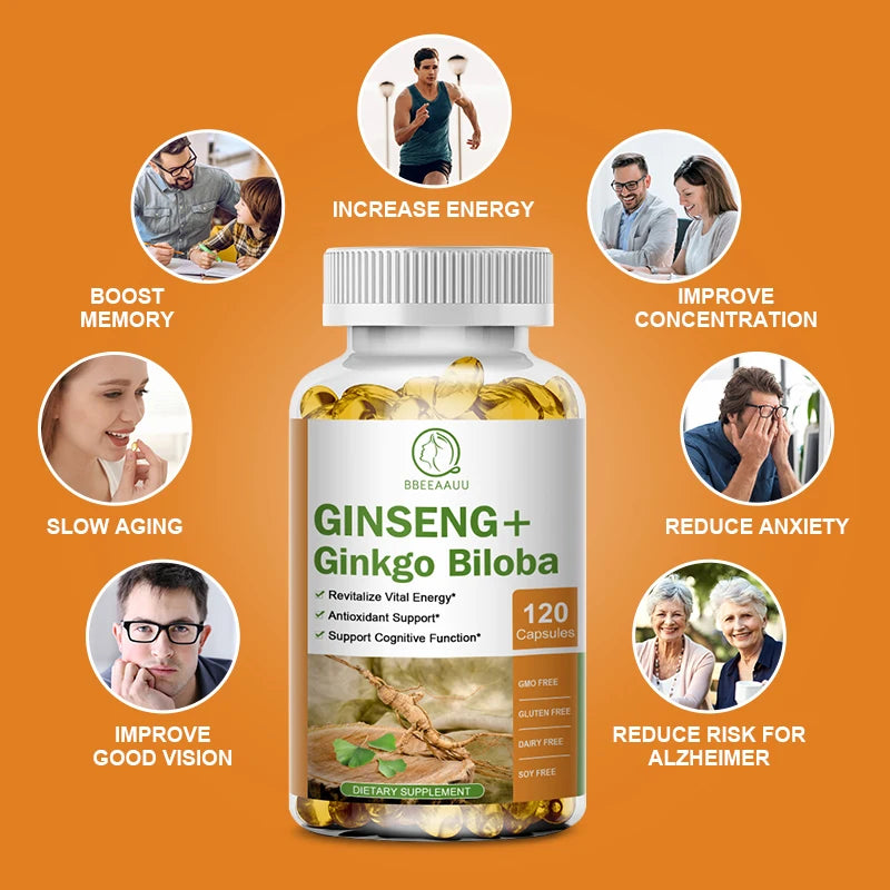 BBEEAAUU Ginseng Ginkgo Biloba Capsules Brain Health Supplements Cognitive Function Memory and Concentration Blood Circulation