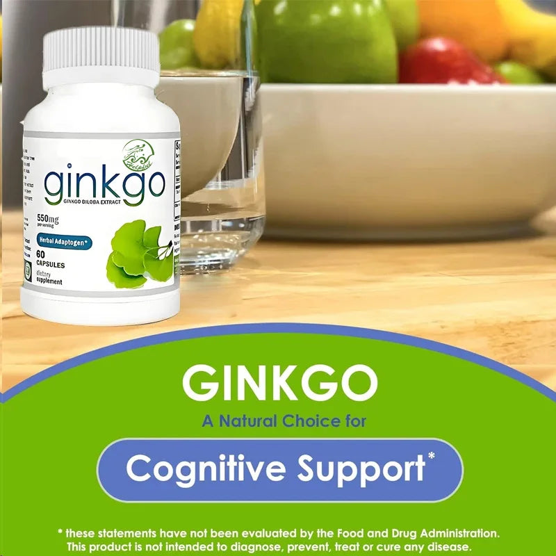 Nutritional Ginkgo biloba 550mg extract supplement cognitive and memory support improves mental clarity and focus 60 capsules