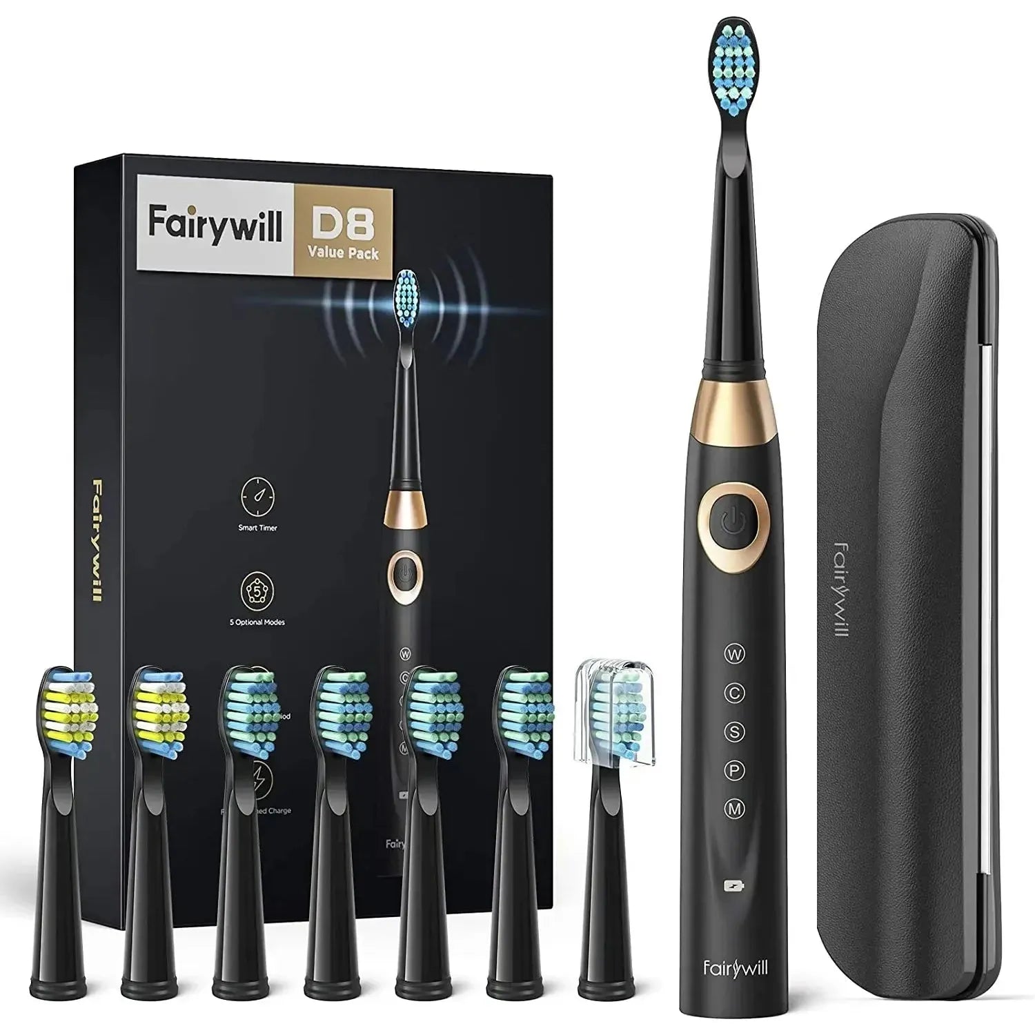 Fairywill Electric Toothbrushes for Adults Kids 5 Modes Smart Timer Rechargeable Whitening Sonic Toothbrush with 8 Brush Heads