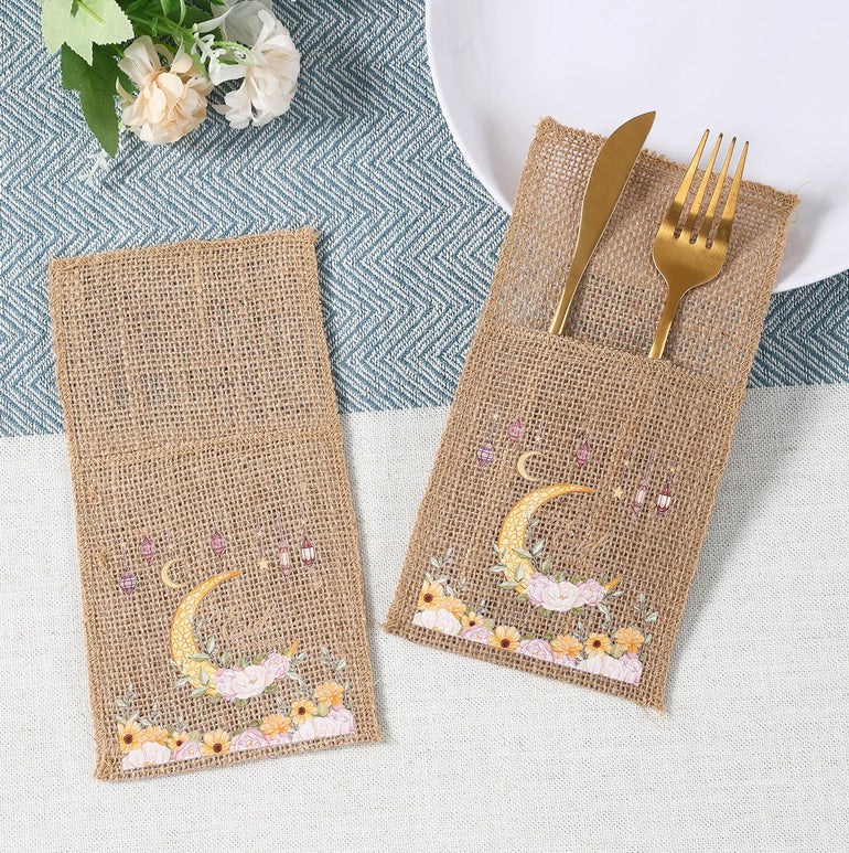 Ramadan Burlap Cutlery Pouch Eid Mubarak Decor for Home 2025 Table Decor Ramadan Kareem Islamic Muslim Party Eid Al-Fitr Gifts