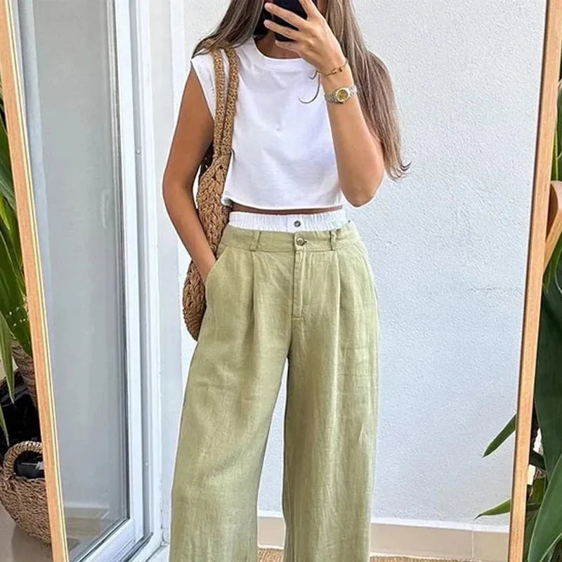 Women Two Piece Set Summer Casual Simple Solid Round Neck Sleeveless Tank Loose With Pocket Pants Sets High Streetwear