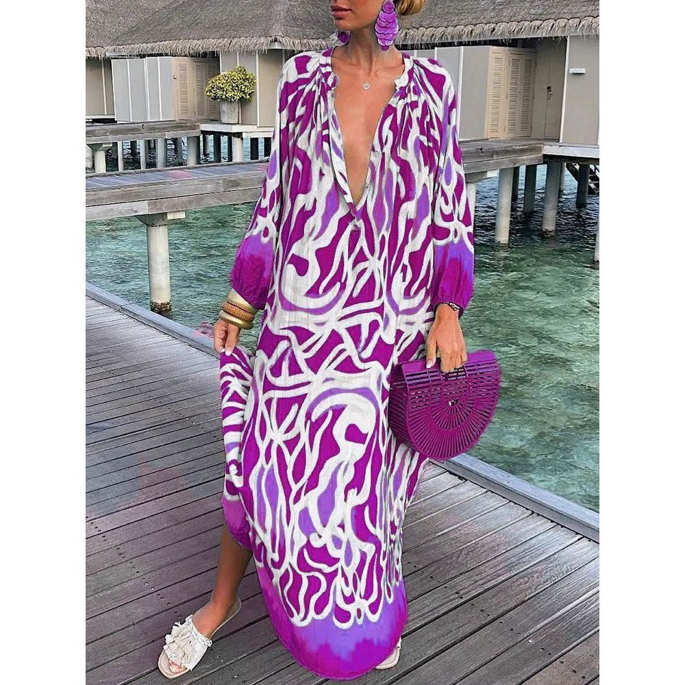 Women Boho Print Beach Cover Up 2023 Summer Sexy Deep V-Neck Long Sleeve Long Dresses Female Vintage Maxi Dresses Elegant Robe - Jointcorp