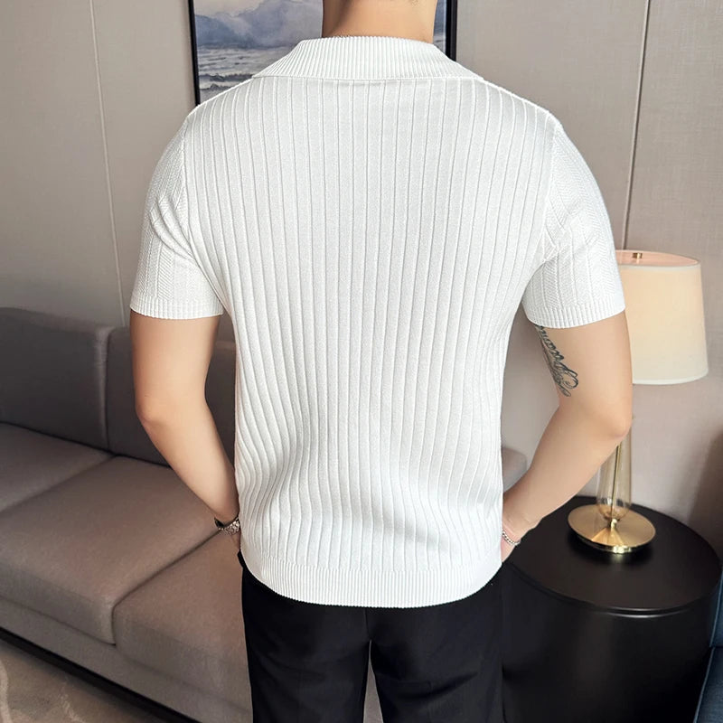 Men Striped Polo Shirt 2024 Summer Light Thin Breathable Solid Casual Elastic Slim Fit Short Sleeved V-neck T-shirt Men Clothing