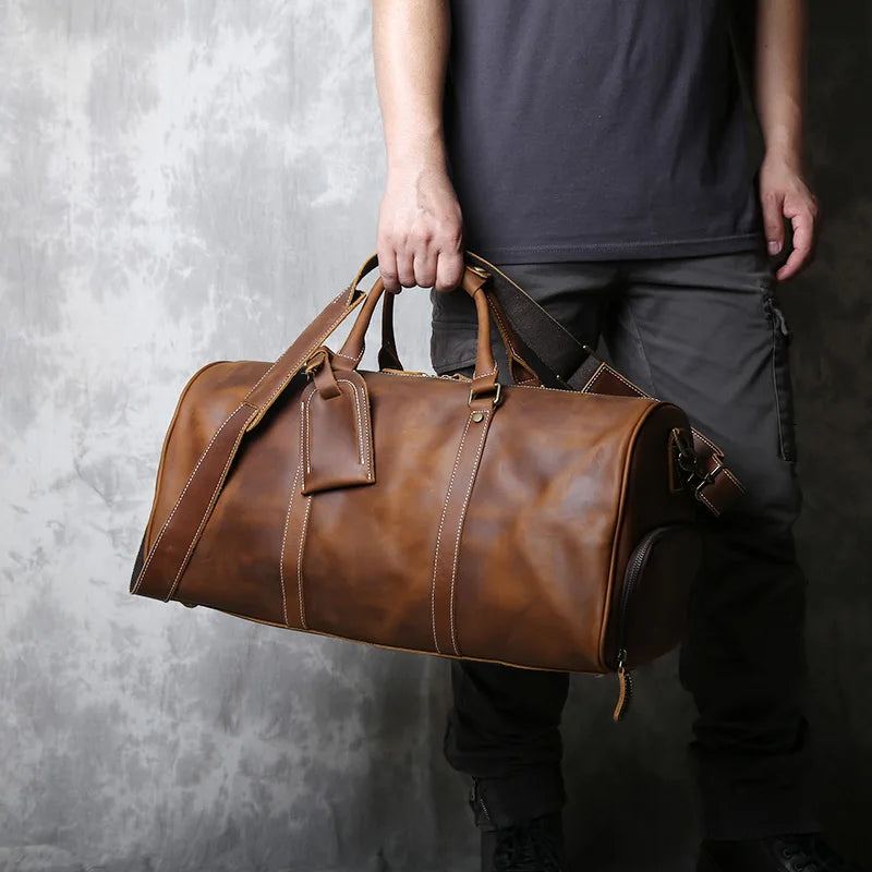 New Retro Male Carry-on Bag Europe And America Crazy Horse Leather Travel Bag Layer Cowhide Large Capacity Single Shoulder Bag