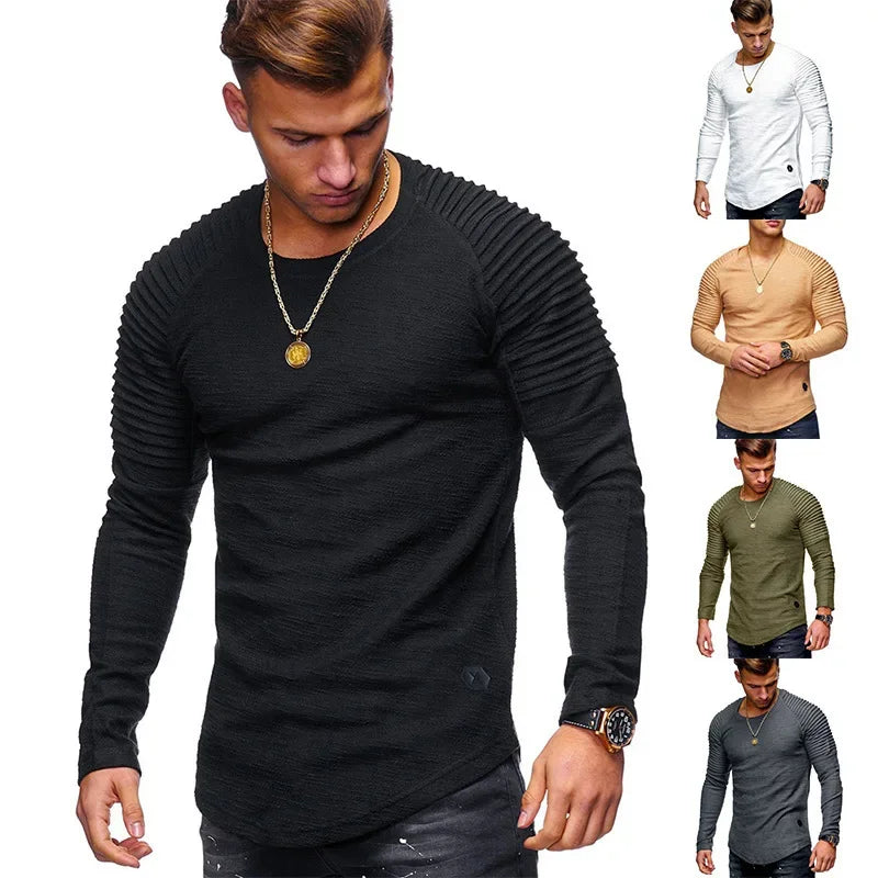 Men's Long Sleeve T-Shirt Solid Colors Slim Fit Round Neck Sports Shirt Wrinkle-Free Regular Fit Casual Shirt for All Seasons