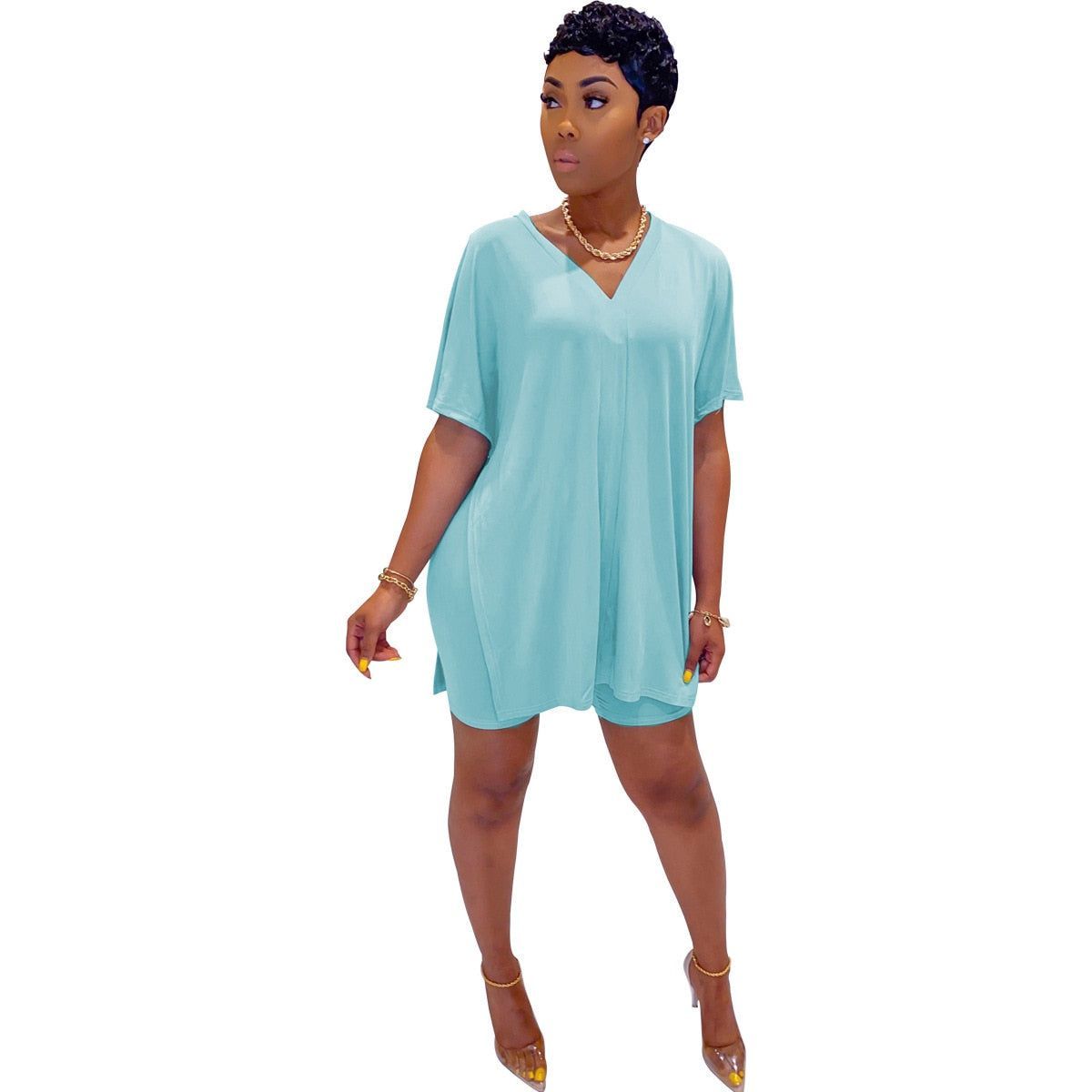 Women's plus-size two-piece suit: V-neck top & shorts, dolman sleeves, solid color - Jointcorp