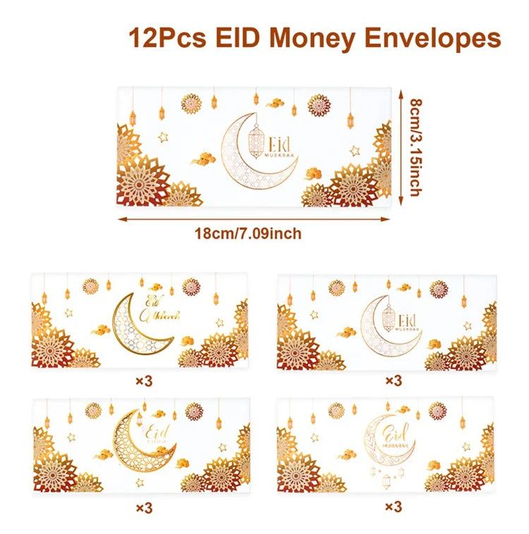 12Pcs Eid Mubarak Money Envelopes Gift Card Holder Ramadan Mubarak Decor 2025 Islamic Muslim Eid Al-fitr Invitation Supplies