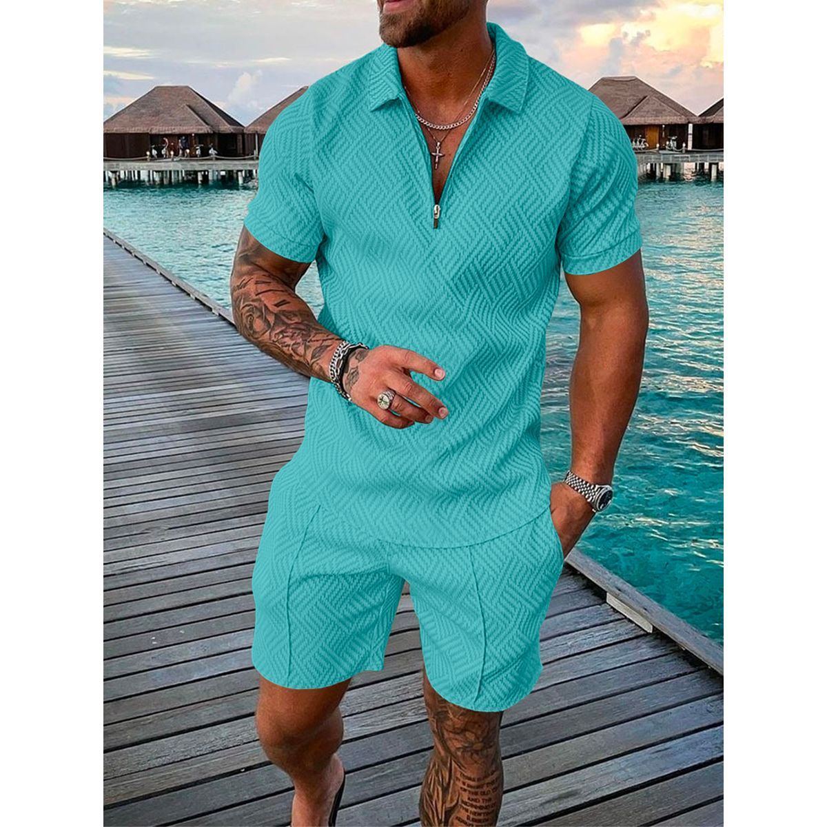 Men's Shorts Set Short Sleeve Zip Polo Shirt Street T-shirt Two Piece Casual Sportswear