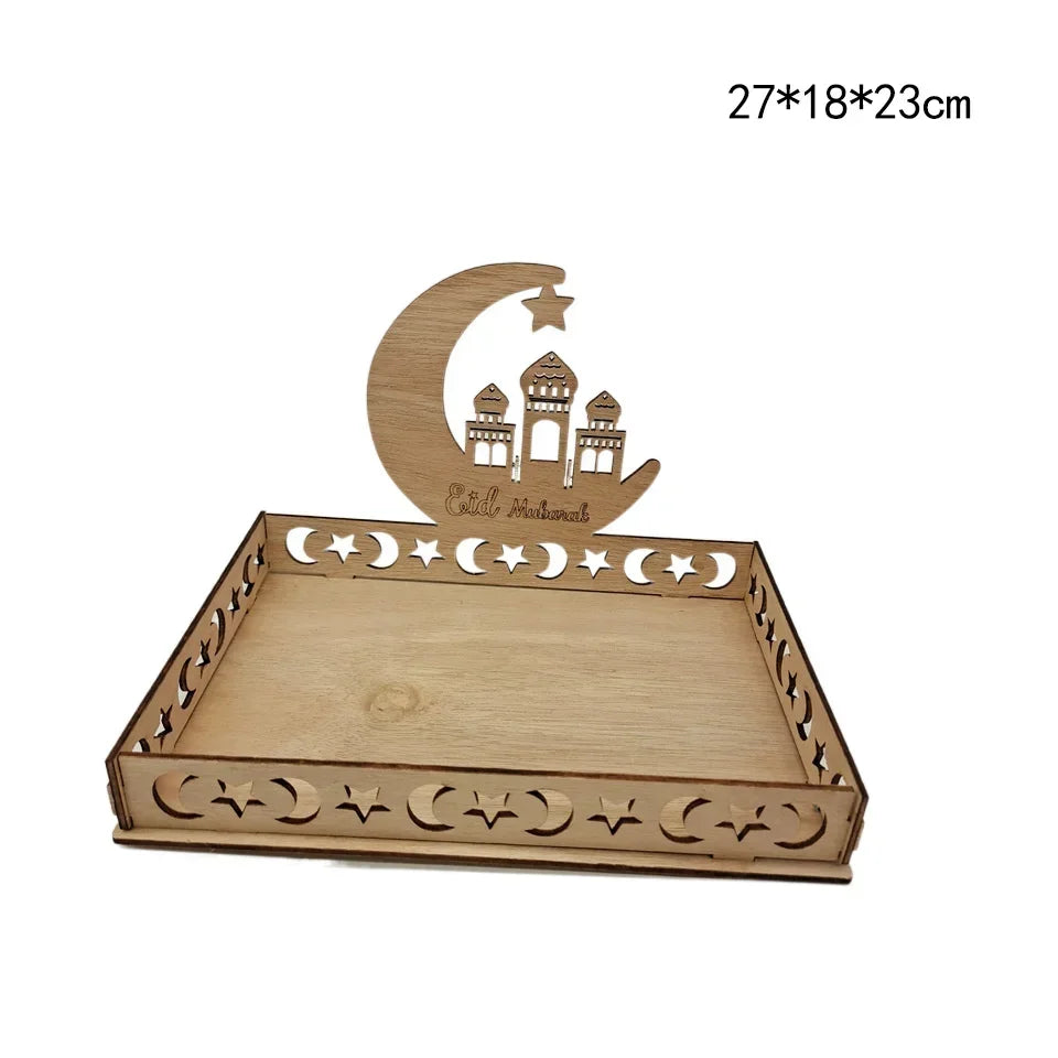 Wooden Eid Mubarak Moon Star Tray for Ramadan Kareem Food Holder Table Decoration Al Adha Islamic Muslim Party Supplies