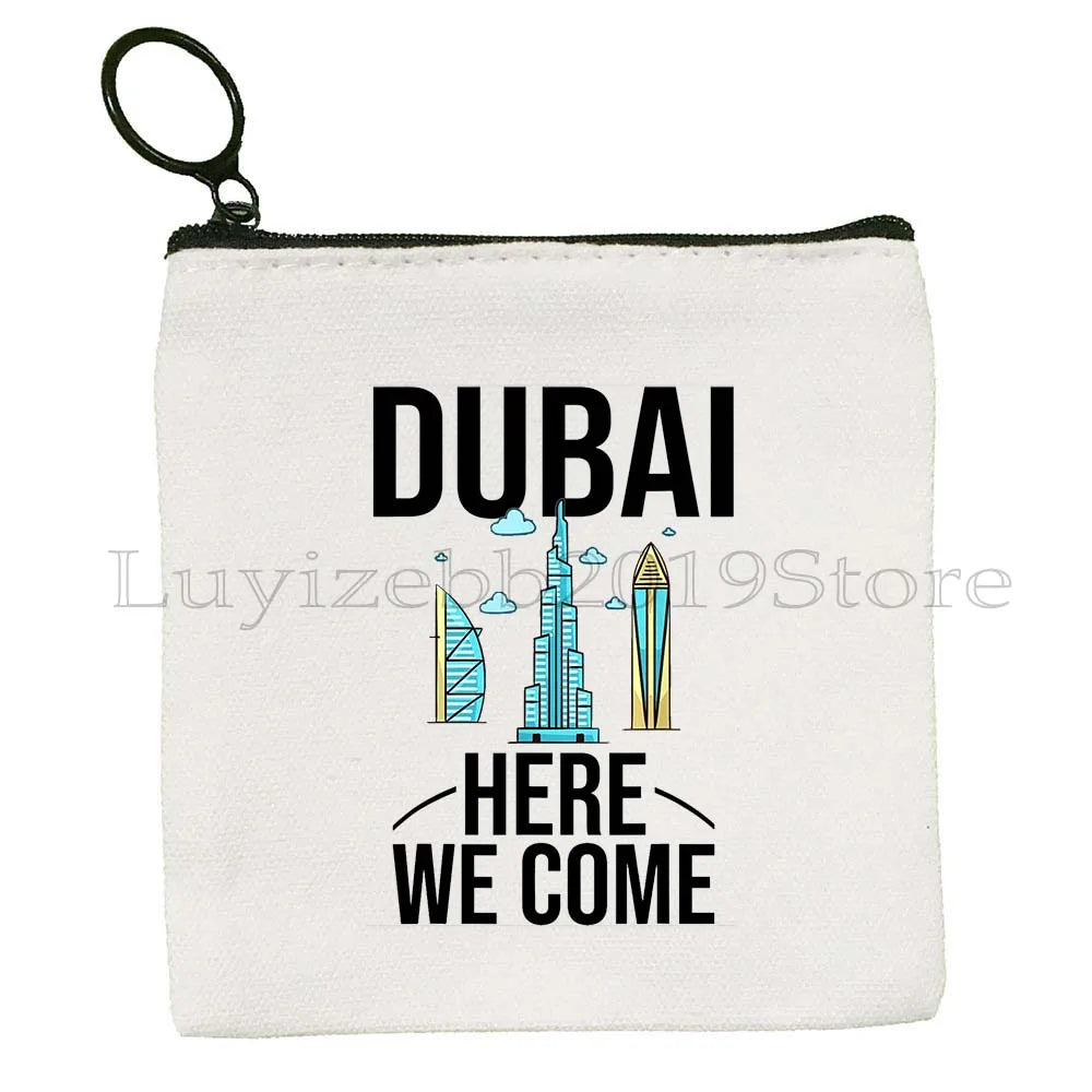 Dubai United Arab Emirates UAE Map Flag Asia Skyline Skyscraper Burj Khalifa Canvas Coin Purse Key Case Bag Wallet Zipper Pouch