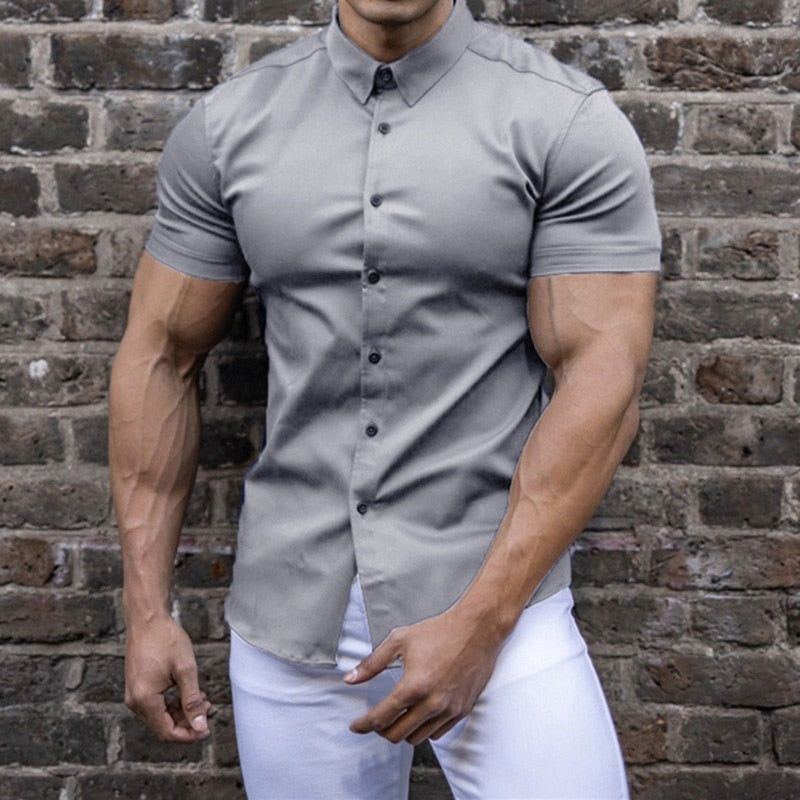 Summer Men Pure Color Comfortable Blouses Men Black Short-Sleeved Shirts Casual Sport Single Breasted Man Slim Fit Shirt top