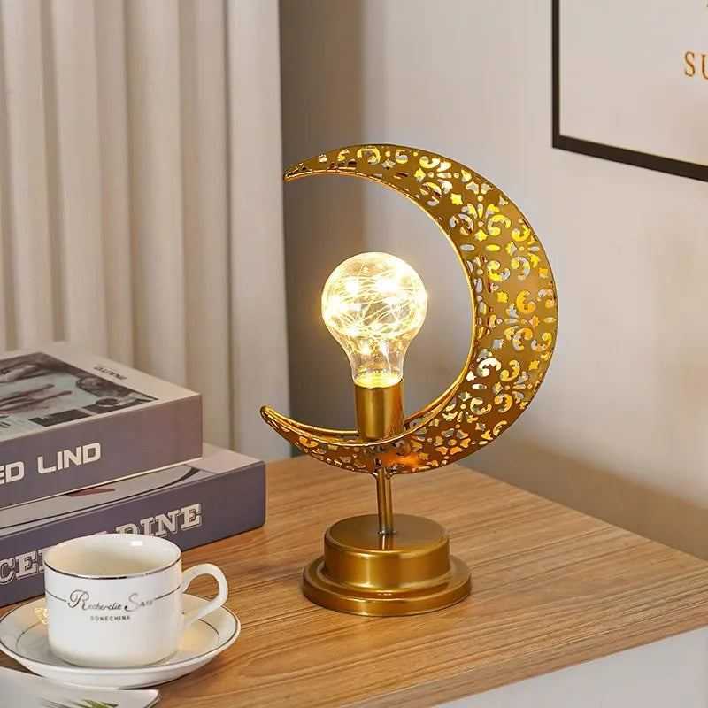 Elegant Ramadan Mubarak Lantern - Polished Metal & Plastic, Battery-Powered LED Light for Eid Celebrations, Bedroom Decor, and H