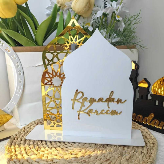 1pc Elegant Acrylic Ramadan Kareem Tabletop Decor, 3D Mosque Design, Reflection Surface, Muslim Holiday Home Decoration