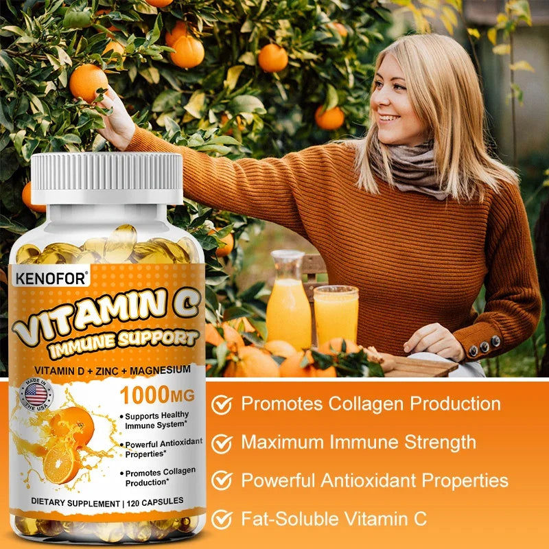 Vitamin C with Vitamin D, Zinc and Magnesium 1000мG Adult Daily Immune Supplement - Promotes Collagen Production and Skin Health