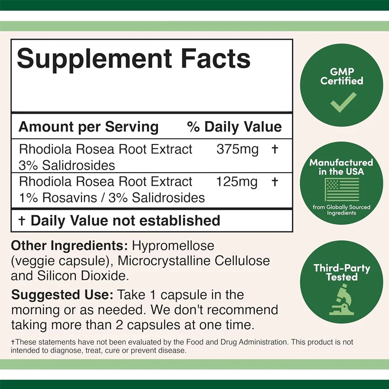 Rhodiola Rosea Supplement 500 mg, 60 Vegetarian Capsules Supports Overall Health Gluten-Free