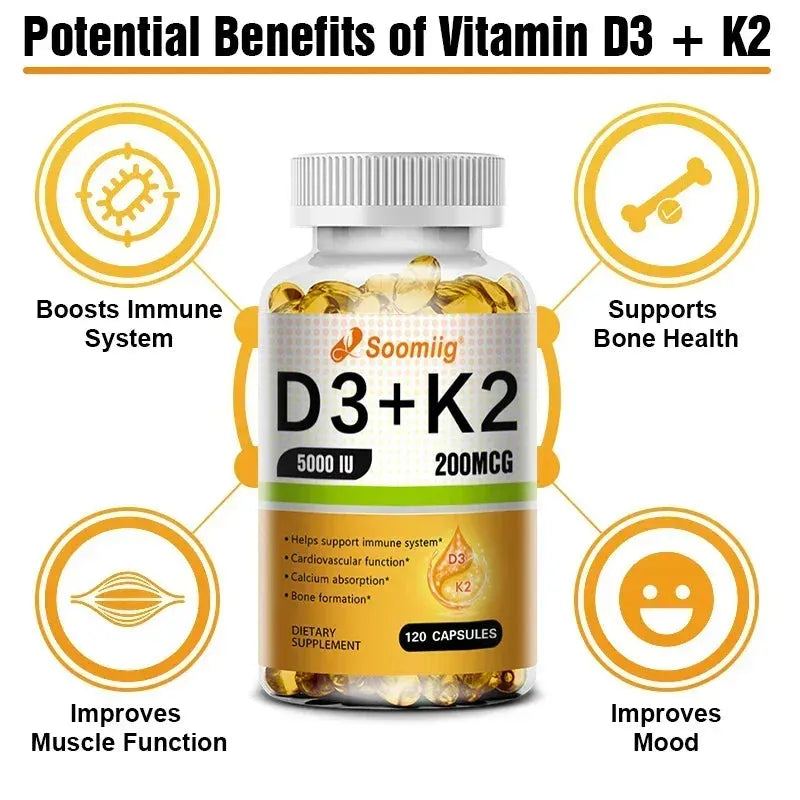 Vitamin D3 5000IU and 200 Mcg Vitamin K2 (MK-7) Capsules for Calcium Absorption, Bone Regeneration, Immune Support, Easy To Melt