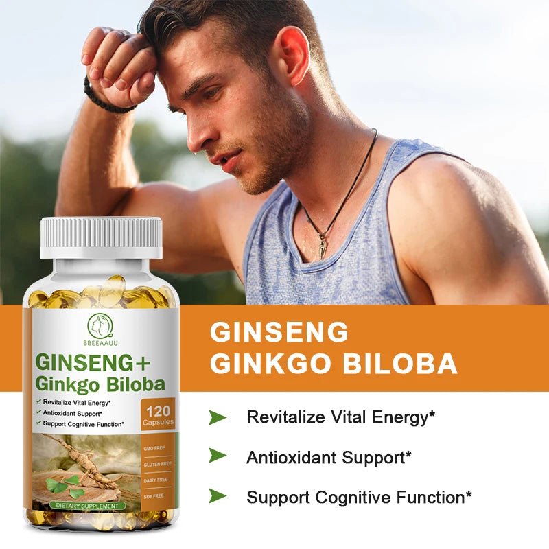 BBEEAAUU Ginseng Ginkgo Biloba Capsules Brain Health Supplements Cognitive Function Memory and Concentration Blood Circulation