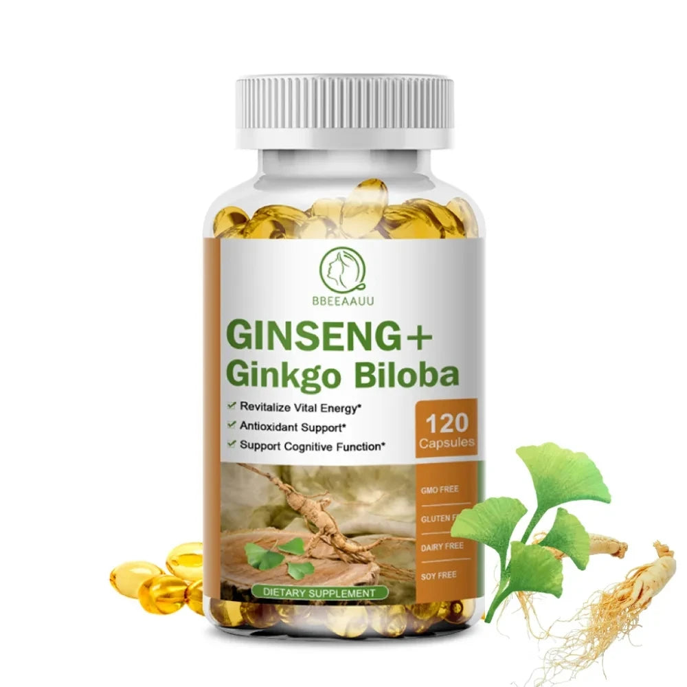 BBEEAAUU Ginseng Ginkgo Biloba Capsules Brain Health Supplements Cognitive Function Memory and Concentration Blood Circulation