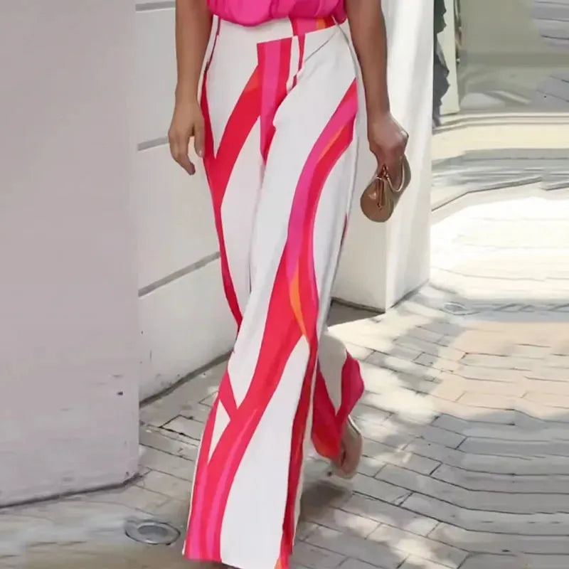 Women Two Piece Sets Summer Casual Solid One Shoulder Metal Ring Sleeveless Top Loose Printed Wide Legs Pants Sets