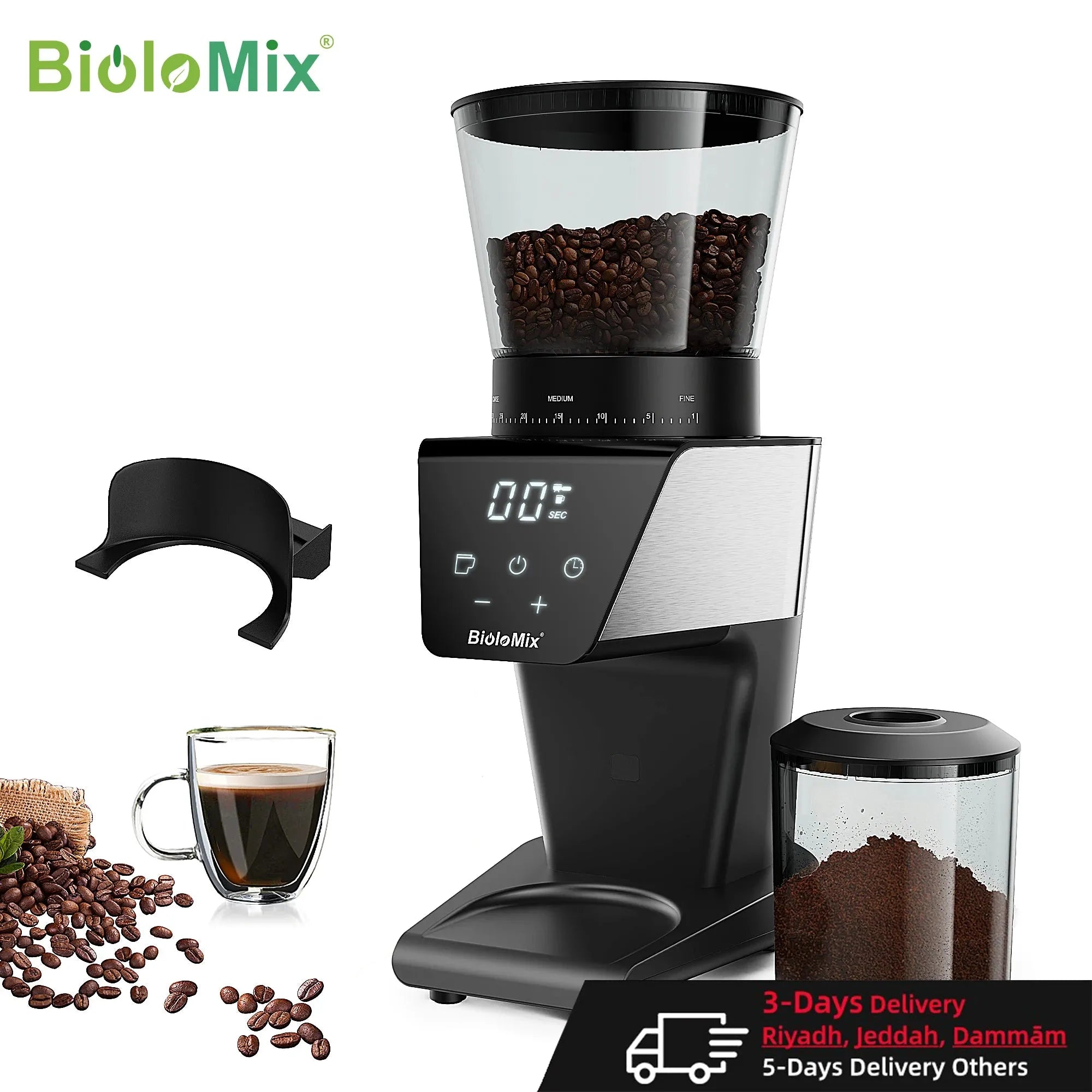 BioloMix Automatic Burr Mill Electric Coffee Grinder with 30 Gears for Espresso American Coffee Pour Over Visual Bean Storage