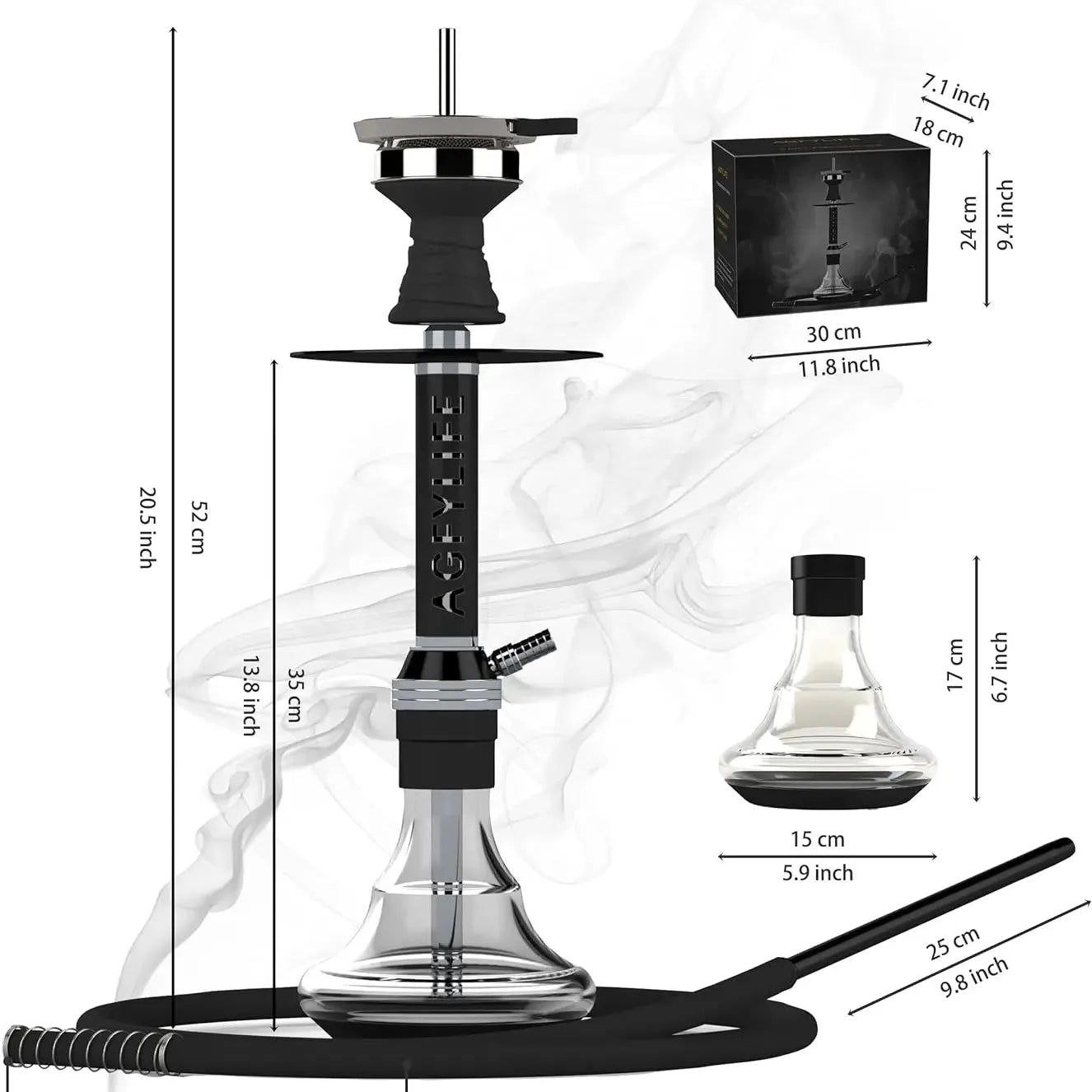 Hookah Set with Everything - AGFYLIFE 20" Black Aluminum Shisha Hookah Set Premium Modern Glass Hookah Complete Set