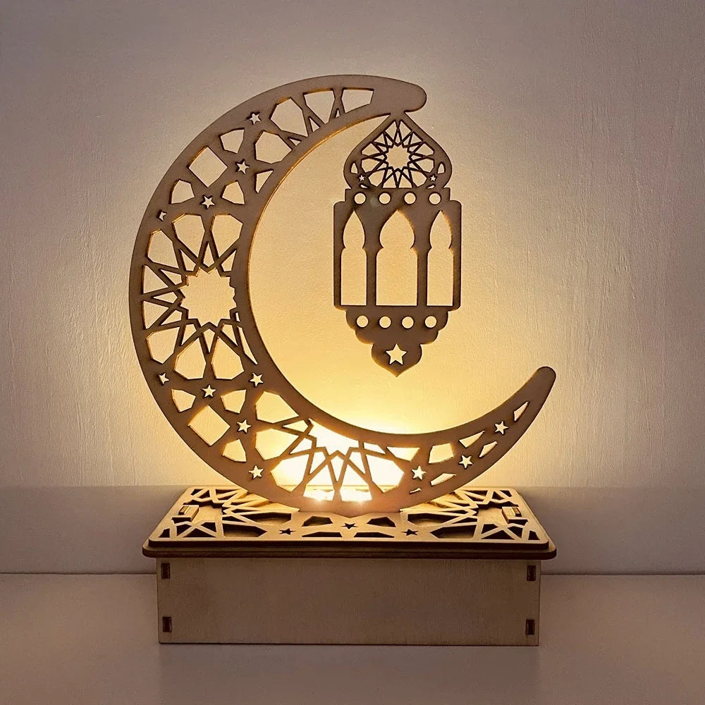 EID Mubarak Wooden Ornament Moon LED Candle Light Ramadan Decoration for Home Islamic Muslim Party Decoration Kareem Eid Al Adha